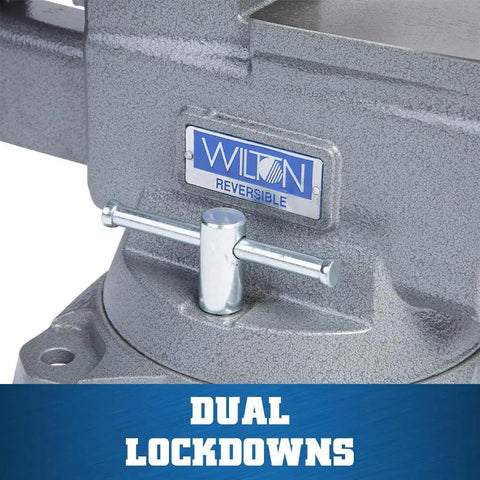 Close-up of the dual lockdown mechanism on the Knockout Reversible Bench Vise of the Eight Inch Bench Grinder With Wire Wheel And Knockout Reversible Bench Vise One Horsepower Shop Ready Combo Featuring Ball Bearing Drive And Tight Jaw Grip.