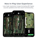 Three smartphones displaying Smart Golf Sensors System With Automatic Game Tracking AI Caddie AI GPS Rangefinder app interface