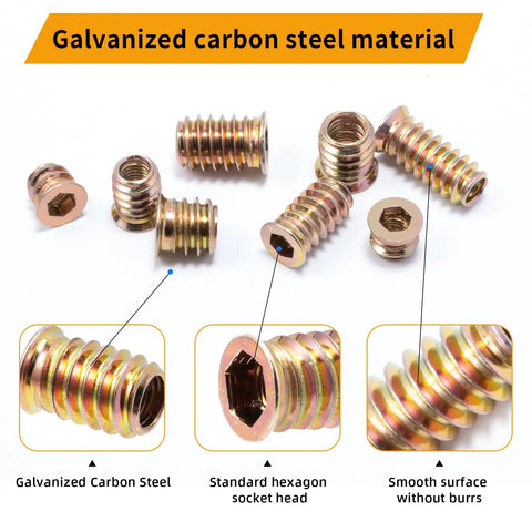Heavy Duty Carbon Steel Threaded Wood Insert Kit 151 Piece M6 M8 M10 Screw In Set With Hex Wrenches showing galvanized carbon steel inserts.