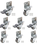 8 Piece Side Mount Casters, 1 Inch Swivel Caster Wheels, Hush Quiet Non Marking TPR Rubber With Brakes arranged with screws.