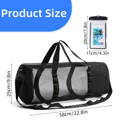 Large Mesh Dive Bag For Scuba Gear And Snorkeling Essentials With Waterproof Phone Pouch shown with dimensions in black