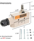 Built Tough Heavy Duty Commercial Door Micro Switch with Cross Roller Plunger, IP65, 250V 20A, showing dimensions and components.