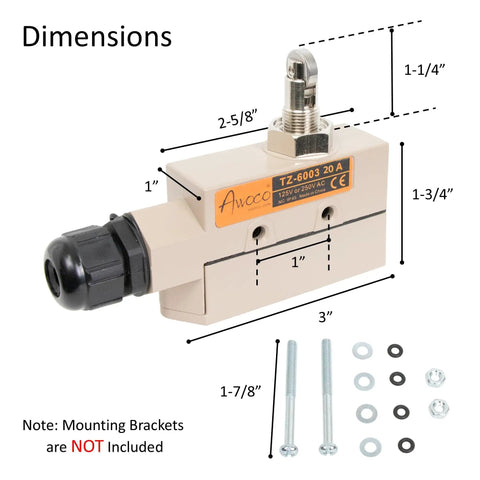 Built Tough Heavy Duty Commercial Door Micro Switch with Cross Roller Plunger, IP65, 250V 20A, showing dimensions and components.