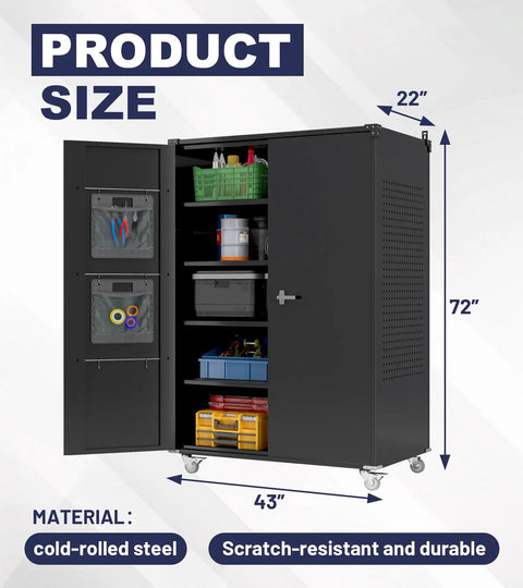 Heavy Duty Rolling Tool Cabinet With Lockable Doors And Pegboard, Rugged Metal Storage On Wheels, 22-Inch Deep, 4 Adjustable Shelves
