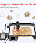 Longer air assist engraving kit with air pump on Ray5 laser engraver, wood engraving sample on bed