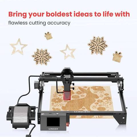 Longer air assist engraving kit with air pump on Ray5 laser engraver, wood engraving sample on bed