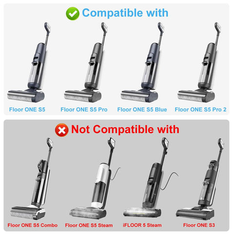 Diagram showing compatible and non-compatible vacuums for Replacement Roller Brush And Filters Kit For Tineco Floor One S5 And S5 Pro 2 Cordless Wet Dry Vacuum Cleaner Includes Two Rugged Brush Rollers And Four High Efficiency Filters For Quick No Fuss DIY Home Cleaning.