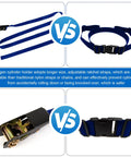 Comparison of blue ratchet strap with metal buckle and traditional nylon straps for 2 Pack Propane Tank Holder And Wall Mount Bracket With Secure Ratchet Strap Design Beefy Steel Wall Mount For Oxygen Nitrogen And Expansion Gas Cylinders Keeps Tanks Safe And Neatly Secured In Small Spaces Blue.