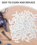White Shutter Repair Pins, 120 Piece Movable Louver Fasteners spread on a workbench with tools.