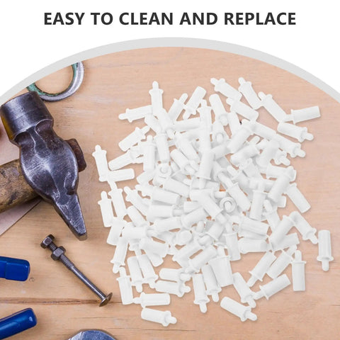 White Shutter Repair Pins, 120 Piece Movable Louver Fasteners spread on a workbench with tools.