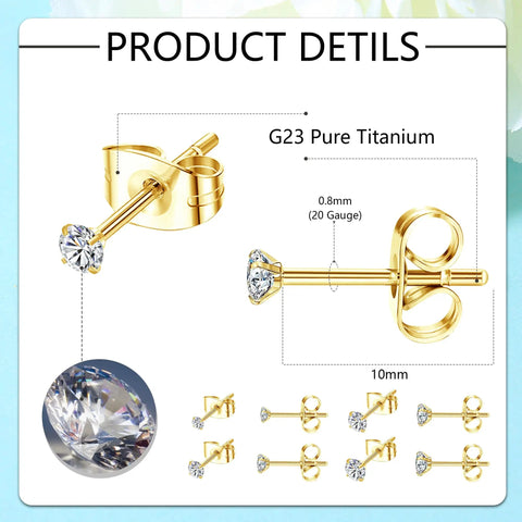 4 Pairs Titanium Stud Earrings For Women And Men Ball Cubic Zirconia 2 To 5 Millimeters Hypoallergenic Cartilage Earrings Safe For Sensitive Ears G23 Pure Titanium Nickel Free Lead Free Dope Comfort For Everyday Wear, 0.8mm 20G, 10mm