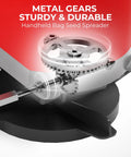Close-up of metal gears on 25 Lb Handheld Seed Spreader With Enclosed Metal Gears, Rear Baffle, Adjustable Flow Control, Red