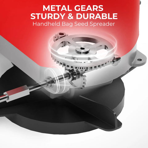 Close-up of metal gears on 25 Lb Handheld Seed Spreader With Enclosed Metal Gears, Rear Baffle, Adjustable Flow Control, Red