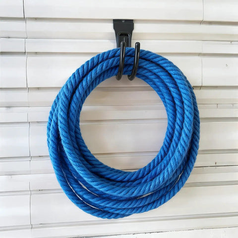 Gladiator Style Slatwall Hooks 10 Pack Heavy Duty Garage Hangers for Tools and Garden Hose Durable Metal Wall Mounts with Anti Skid Cushioned Rubber holding blue rope