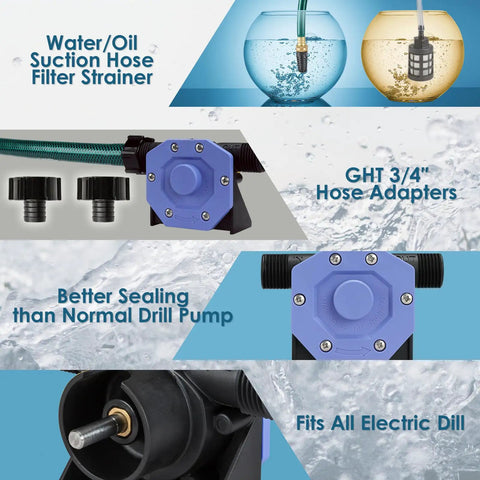 Heavy Duty Drill Powered Water Transfer Pump With 750 Gph High Flow Drainage Kit Hose adapters and filter strainer details.