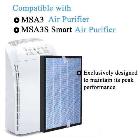 MSA3 MSA3S Compatible 3 In 1 H13 True HEPA Filter Replacement next to air purifier showing fit and compatibility