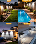 Solar Motion Sensor Lights 120 LED Pack With 270 Degree Wide Angle IP65 Waterproof Outdoor Step Lights For Front Door Yard Garage Deck 6 Pack Black And Daylight White installed in yard, poolside, garage, and stair step.