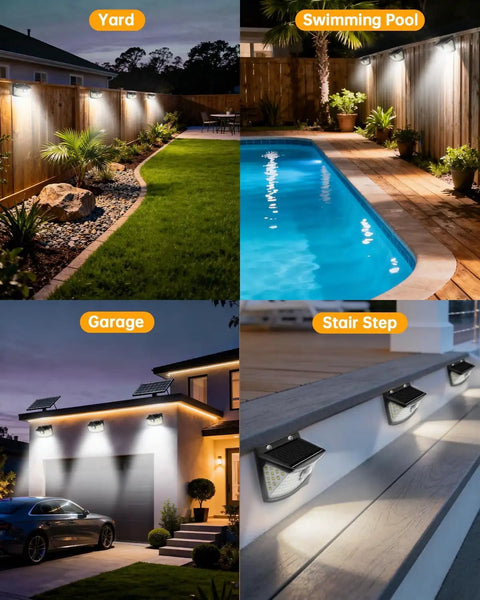 Solar Motion Sensor Lights 120 LED Pack With 270 Degree Wide Angle IP65 Waterproof Outdoor Step Lights For Front Door Yard Garage Deck 6 Pack Black And Daylight White installed in yard, poolside, garage, and stair step.