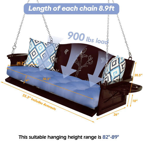 Three Seat Metal Porch Swing With 900 Lbs Capacity Heavy Duty Hanging Bench Upgraded Tray And Cushions Rust Resistant Finish