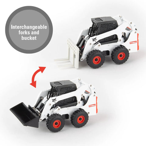 Bobcat Skid Steer Construction Toy Set 1:32 Die Cast With 15 Piece Playset And 3 Interchangeable Attachments Bucket Backhoe Fork