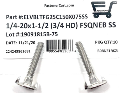 10 Pack Set 1 4 20 X 1 2 In Stainless Steel Fanged Elevator Bolts Square Neck 18 8 Grade 3 4 In Head Heavy Duty Rack Hardware close-up with packaging.