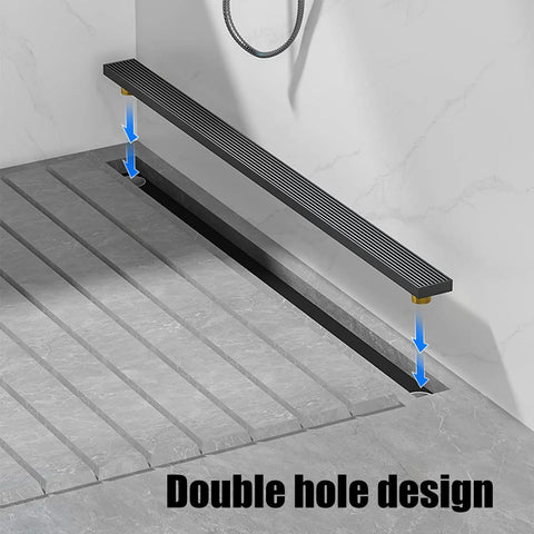 Pro Grade Stainless Steel Linear Shower Drain With Built In Hair Catcher And Weathered Bamboo Grate Cover, double hole design for efficient drainage.