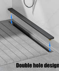 Real Deal Linear Shower Drain For Modern Bathrooms Featuring Easy Lift Hair Catcher And Bamboo Raft Grate shown with double hole design.