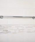 Straight Hand Towel Bar Rack In Polished Chrome, 24 Inch, Heavy-Duty Zinc Alloy Mount, 26 1/8 Inch Fixture Width on tiled wall.