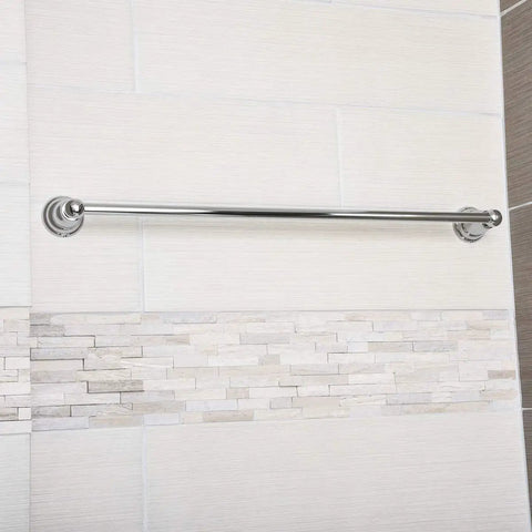 Straight Hand Towel Bar Rack In Polished Chrome, 24 Inch, Heavy-Duty Zinc Alloy Mount, 26 1/8 Inch Fixture Width on tiled wall.