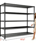 Heavy Duty 5 Tier Wire Shelving Rack With Massive Load Rating For Garage Pantry Kitchen Organization And Commercial Display That Is Legit Bombproof Setup For Your Home Office next to a woman for size reference.