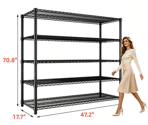 Heavy Duty 5 Tier Wire Shelving Rack With Massive Load Rating For Garage Pantry Kitchen Organization And Commercial Display That Is Legit Bombproof Setup For Your Home Office next to a woman for size reference.