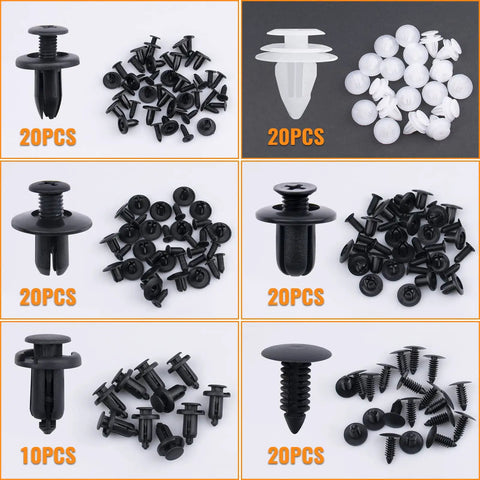 110Pcs Car Retainer Clips Kit With 6 Sizes And Storage Box showing various auto fasteners in black and white nylon sets