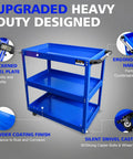 Three Tier Rolling Tool Cart With Beefy Steel 440 Lbs Capacity Thick 0.9mm Construction Rust Resistant Powder Coat Finish Easy Assembly Mobile Utility Cart For Mechanics Garage Workshop Warehouse, blue steel cart