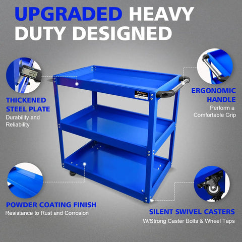 Three Tier Rolling Tool Cart With Beefy Steel 440 Lbs Capacity Thick 0.9mm Construction Rust Resistant Powder Coat Finish Easy Assembly Mobile Utility Cart For Mechanics Garage Workshop Warehouse, blue steel cart