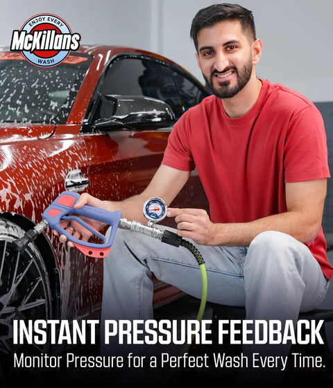 Front view of McKillans stainless steel high-pressure washer gauge with 3/8 in push-to-connect, measures PSI/MPa.