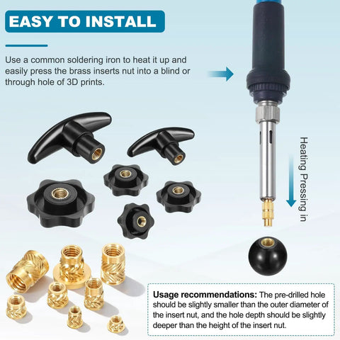 Image showing Dope M3 Brass Heat Set Threaded Inserts With Knurled Flange 50 Pieces for easy installation with soldering iron.