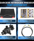 Upgraded Nitrogen Charging Kit With 3 Gauges 100 To 400 Bar 1500 To 6000 PSI and included case, manual, hose, and valve body.