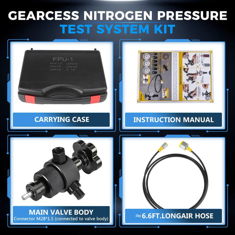 Upgraded Nitrogen Charging Kit With 3 Gauges 100 To 400 Bar 1500 To 6000 PSI and included case, manual, hose, and valve body.