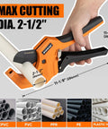 Beefy Pro Grade PVC Pipe Cutter, Aluminum Ratchet Tool That Cuts Up To 2.5 Inches in use on a 2.5-inch plastic pipe