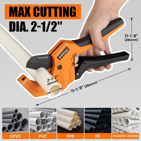 Beefy Pro Grade PVC Pipe Cutter, Aluminum Ratchet Tool That Cuts Up To 2.5 Inches in use on a 2.5-inch plastic pipe