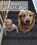 Baby and dog on wooden stairs with Non Slip Stair Treads 6 Pack 8.5 By 30 Inch For Wooden Steps Indoor Outdoor Rug Stair Runner.
