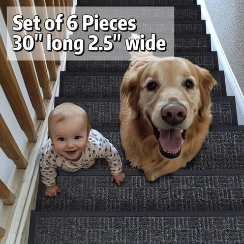 Baby and dog on wooden stairs with Non Slip Stair Treads 6 Pack 8.5 By 30 Inch For Wooden Steps Indoor Outdoor Rug Stair Runner.