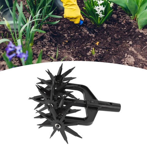 Heavy Duty Garden Rotary Cultivator And Soil Scarifier, deep aeration tiller rake with long spikes, shown in garden setting