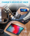 300W Car Power Inverter With Pure Sine Wave 60W PD USB C 2 USB A Ports And Dual 110V AC Outlets Vehicle DC 12V To 110V Inverter With XT60 Cable Built For Road Trips charging multiple devices in a car interior