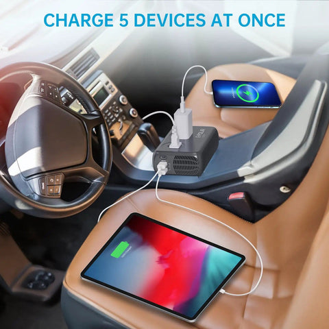 300W Car Power Inverter With Pure Sine Wave 60W PD USB C 2 USB A Ports And Dual 110V AC Outlets Vehicle DC 12V To 110V Inverter With XT60 Cable Built For Road Trips charging multiple devices in a car interior