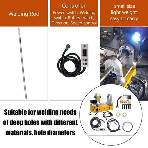 TECHTONGDA 110V line boring and welding machine kit; front view welding rod, middle control box, right view of installed boring welder