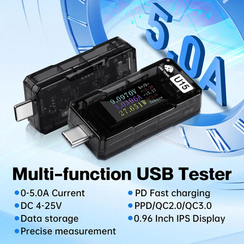 USB C Power Meter Tester With Color Screen And Real Time Voltage Current Readouts 4 To 25V 5A Monitor For PD3 And QC3 Fast Charging Digital Multimeter Style USB Type C Power Gauge with 0.96 inch display