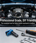 Four Piece Car Brake Line Plug Kit with Leak Proof Stop Clamp for Three Eighths Inch Five Sixteenths Inch and One Half Inch Hoses shown on a table with tools in front of an open car hood.