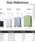 Size chart for luggage showing 16-inch underseat carry-on with spinner wheels, gray, 29L capacity for short trips, airline approved.