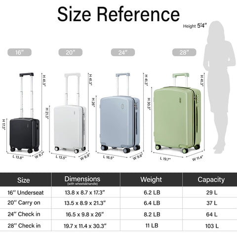 Size chart for luggage showing 16-inch underseat carry-on with spinner wheels, gray, 29L capacity for short trips, airline approved.